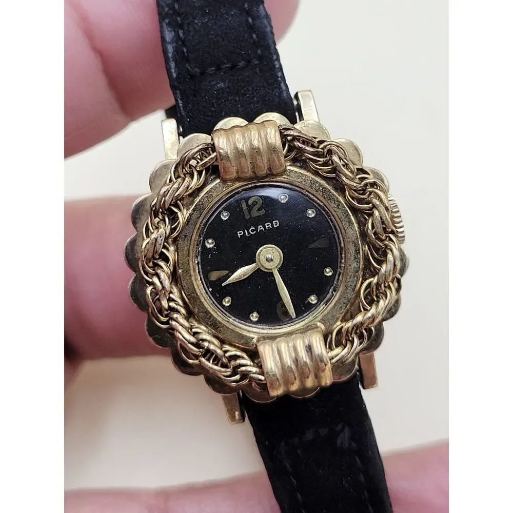 Vintage Picard Women’s Cocktail Watch Gold Tone Rope Bezel Scalloped Edge 1950